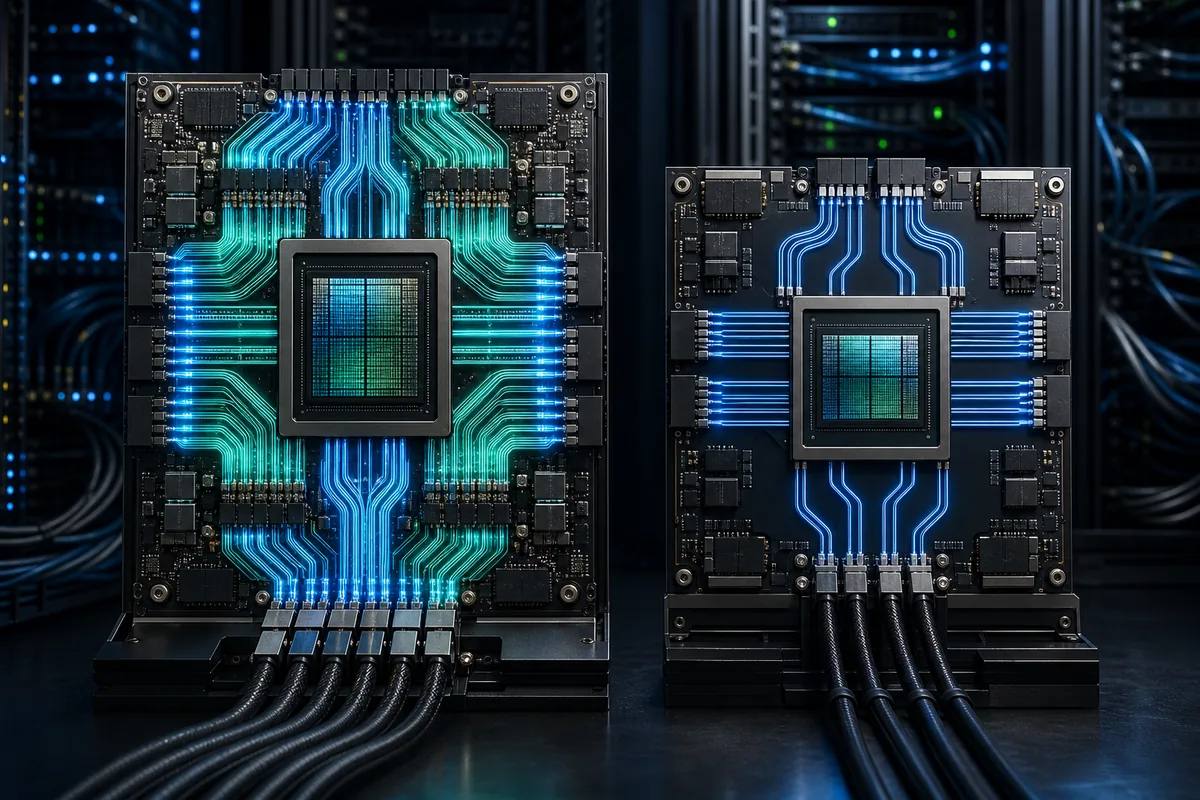 Editorial illustration comparing B200 and H200 accelerator data paths
