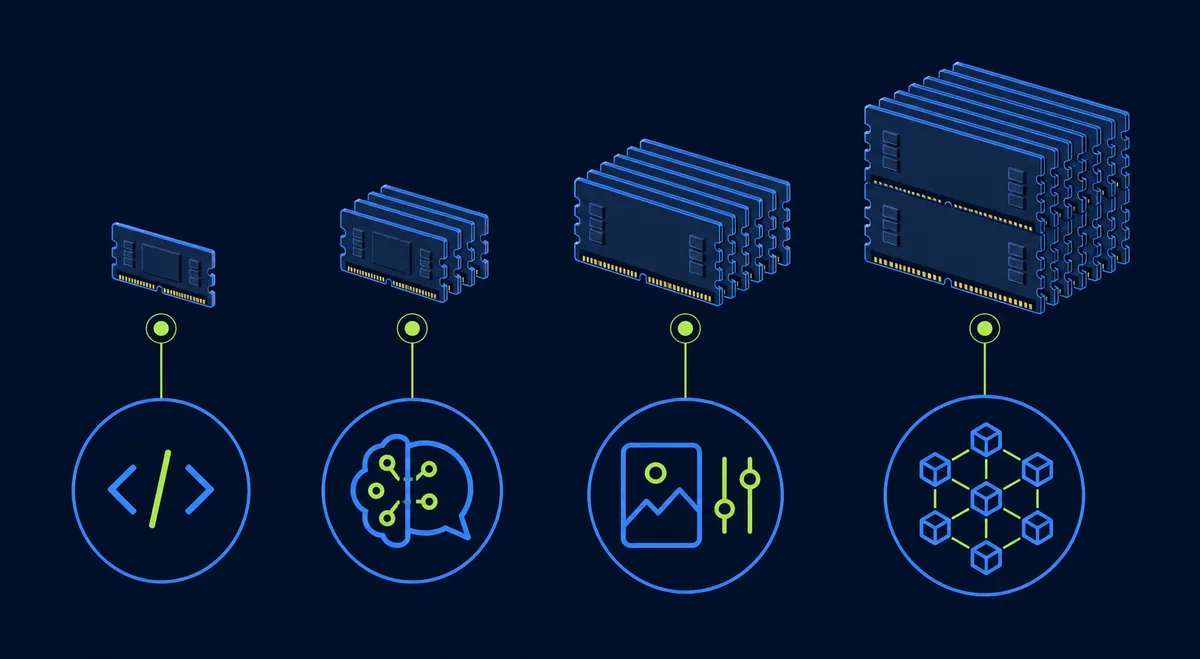 Editorial visual showing AI workload memory tiers from small inference to high-memory training