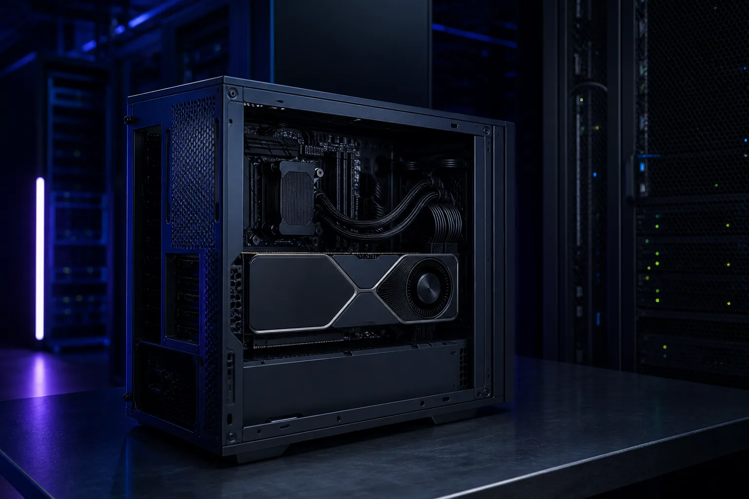 Budget multi-GPU workstation beside rack-mounted GPU servers