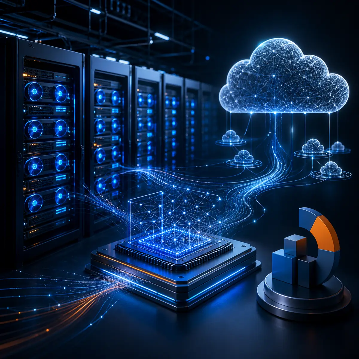 Editorial illustration of GPU servers connected to cloud computing capacity and a cost meter