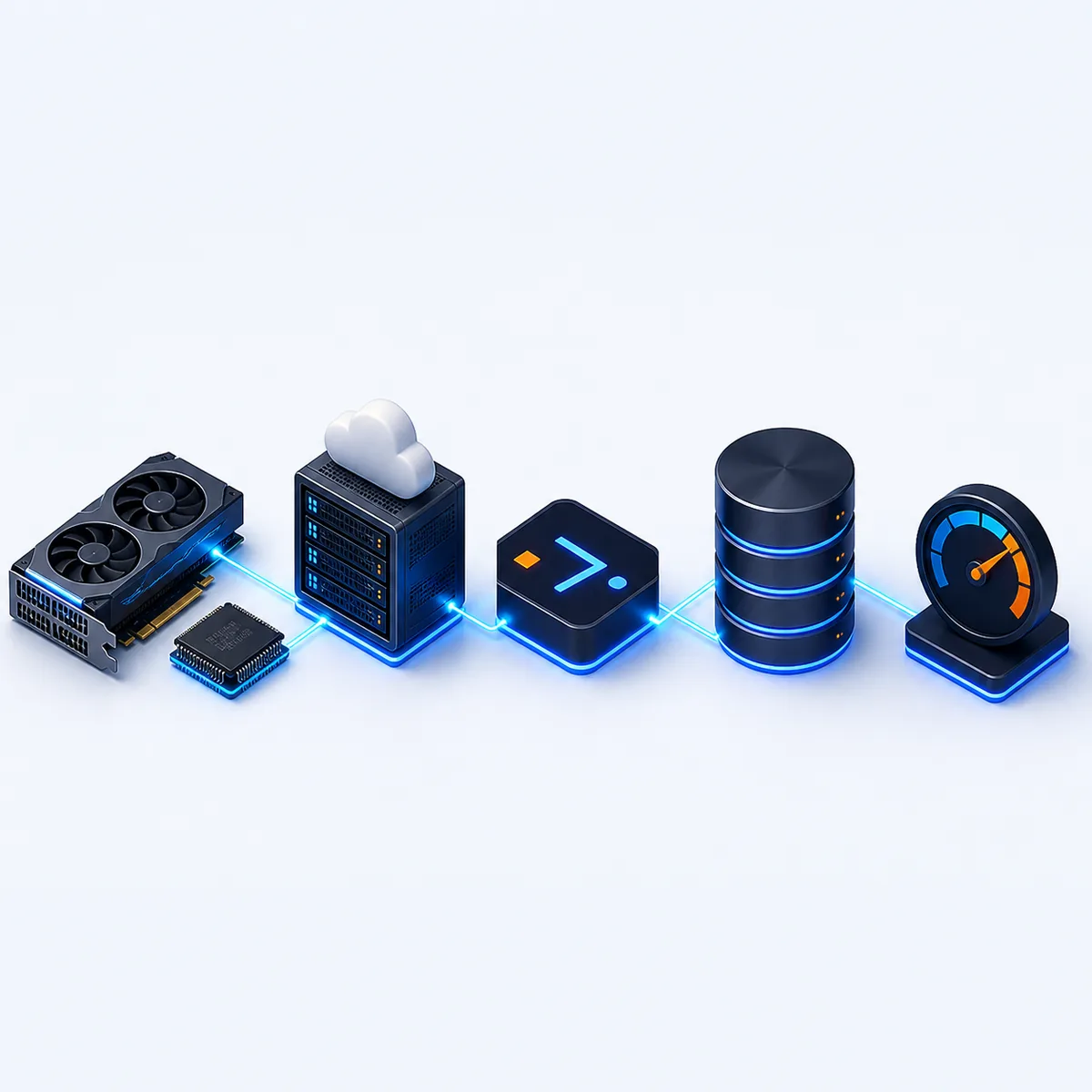 Editorial flow showing a GPU, cloud server, launch step, storage volume, and cost monitor