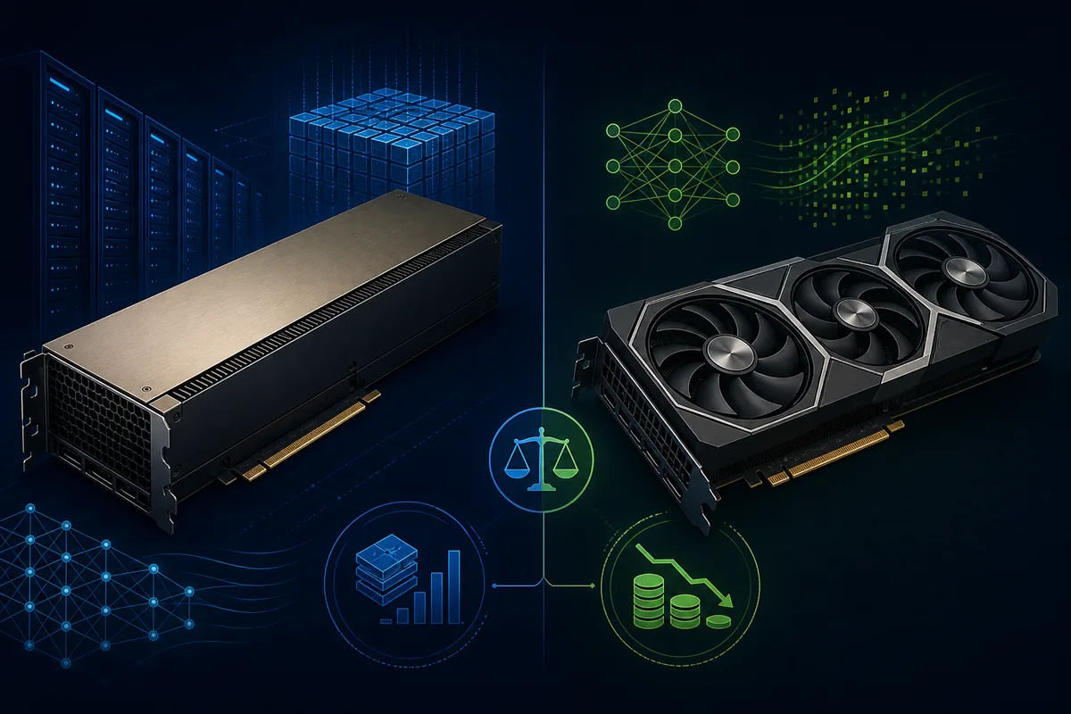 Editorial comparison of a data-center H100 accelerator and a consumer RTX 4090 GPU