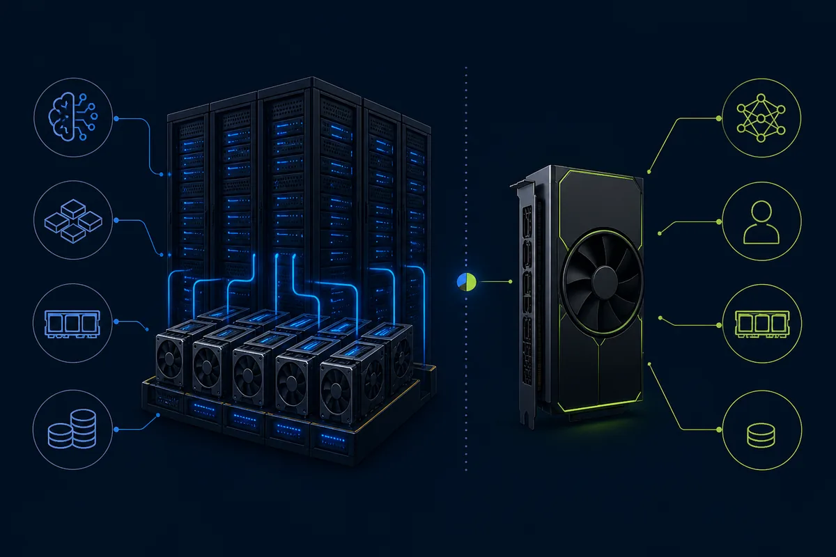 Editorial workload decision graphic contrasting an H100 multi-GPU cluster with a single RTX 4090