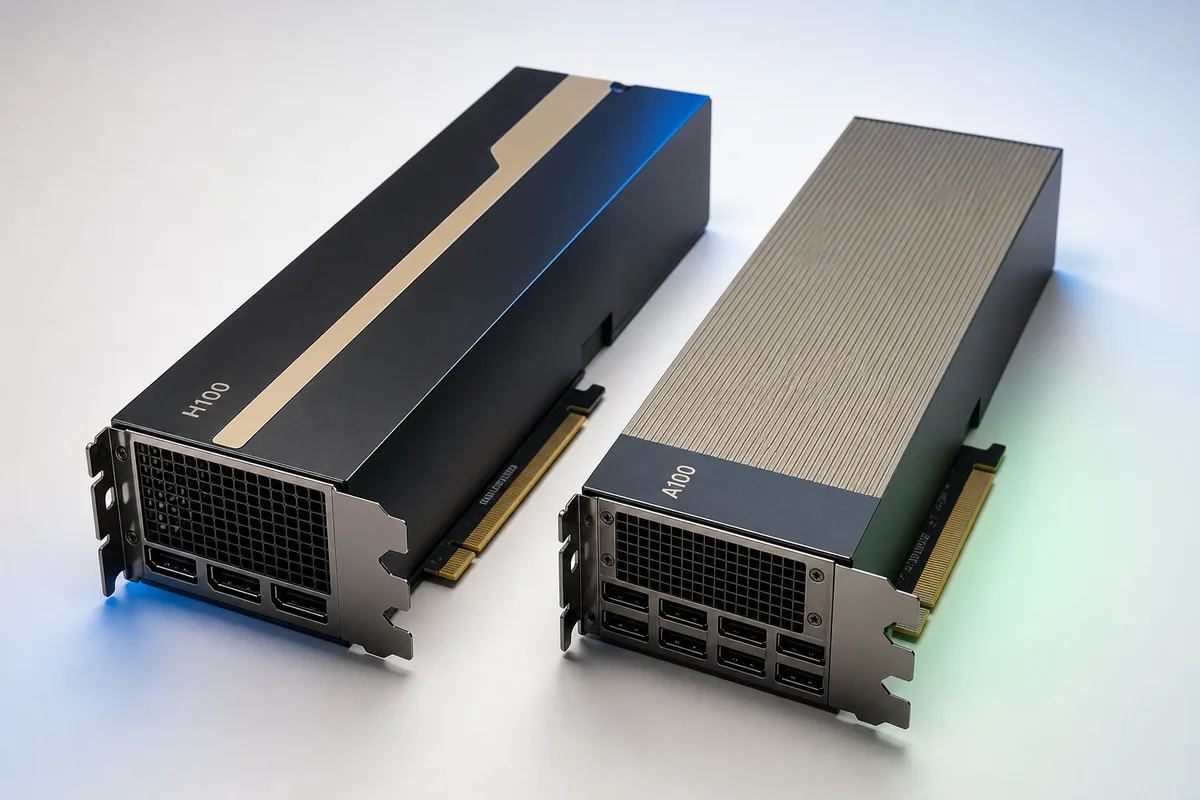 NVIDIA H100 and A100 GPUs side by side for comparison