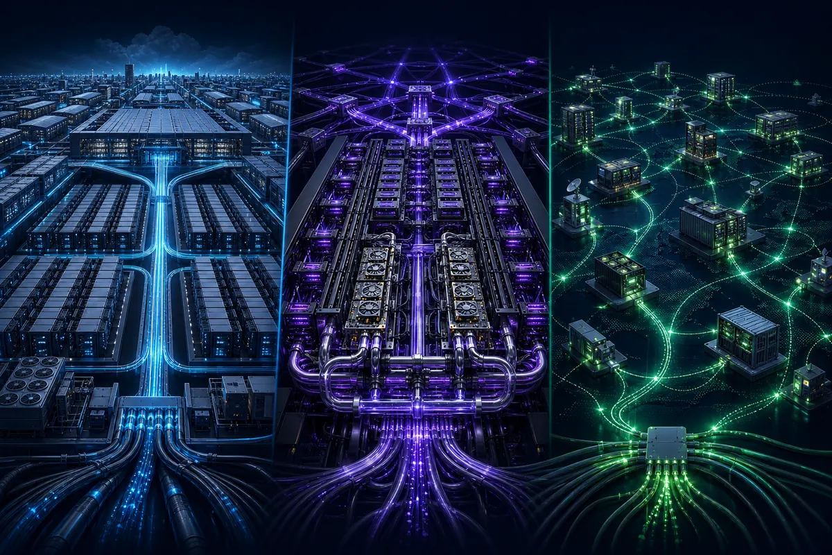 Editorial illustration showing hyperscale, specialized GPU cloud, and distributed marketplace infrastructure