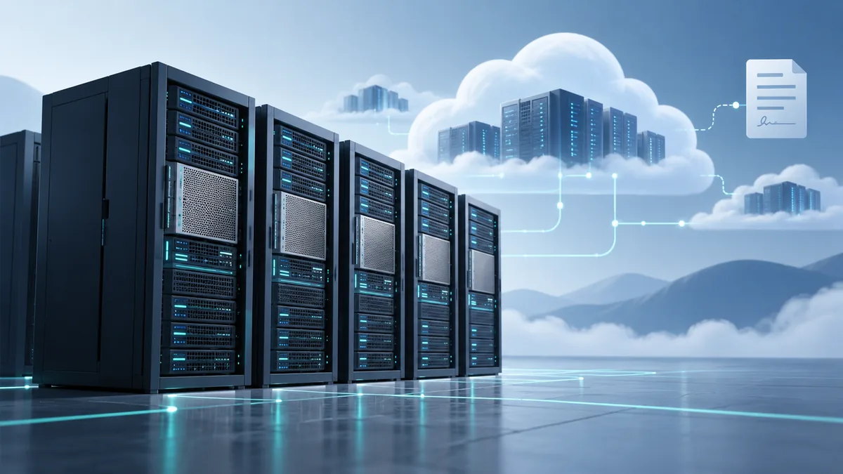 Editorial illustration of enterprise AI capacity connected to a cloud GPU region