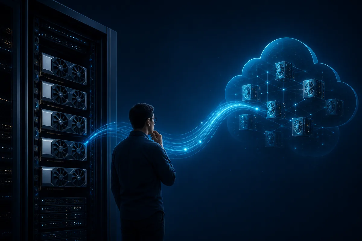 Editorial illustration of an AI workload moving from a GPU server into cloud GPU capacity