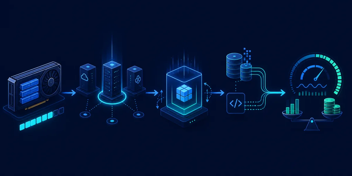 Editorial flow showing GPU selection, provider choice, instance launch, data connection, and cost monitoring
