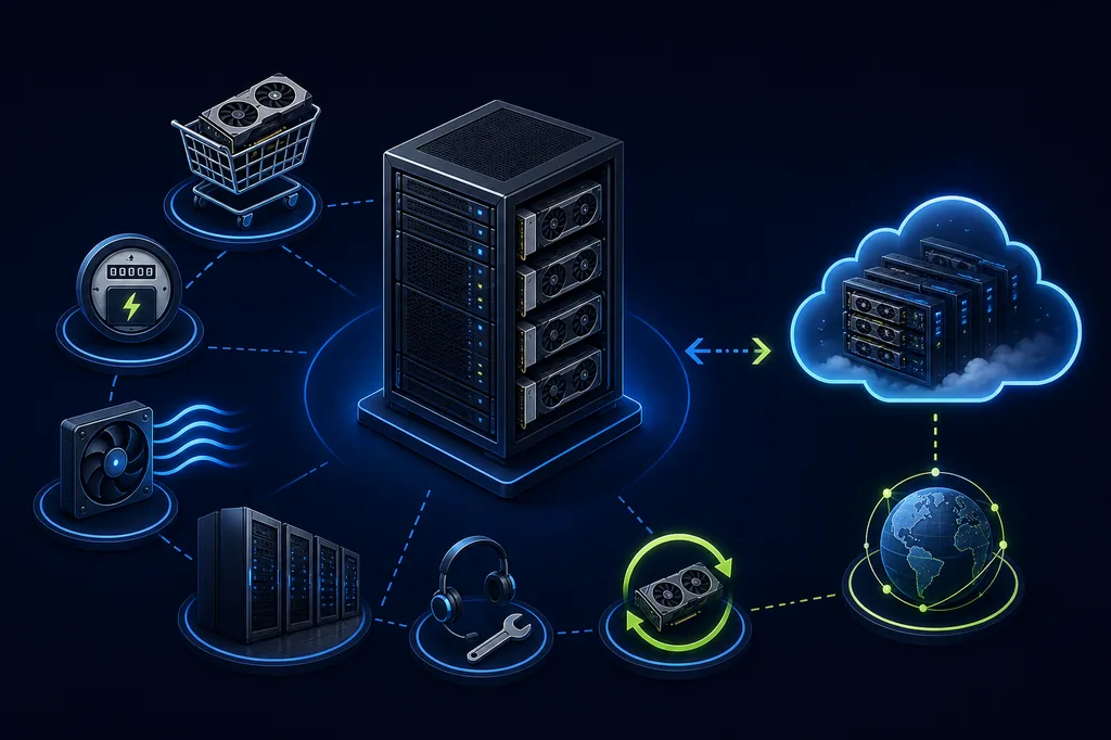 Editorial diagram showing GPU server ownership cost components such as hardware, power, cooling, facility, operations, and resale